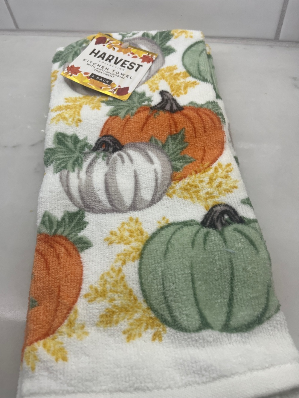 Pumpkin Print Kitchen Towel set of 2- White with Orange, Green, Gray